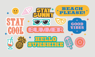 A vibrant set of vintage label-style designs. A collection of trendy retro sticker shapes with playful cartoon characters and quote-inspired patches.