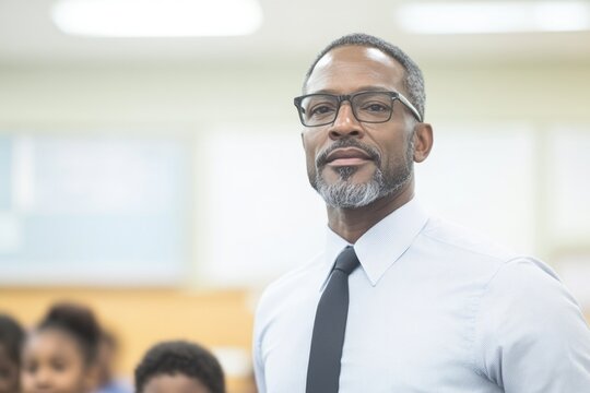 thoughtful educator stands amidst classroom brimming with diverse students symbolizing investment in future vivid representation