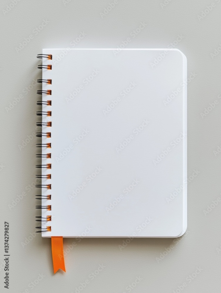 Poster the image is of a blank white notebook with an orange ribbon tied around the top. the notebook has a
