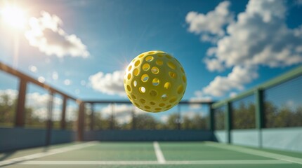 Yellow pickleball ball flying through the air on a sunny day, outdoor sports excitement, dynamic motion