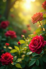 Fototapeta premium Golden Sunlight Illuminates a Lush Garden of Vibrant Red Roses in Full Bloom