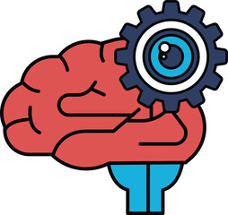 A red brain with a blue eye and a gear in front of it