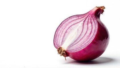 Close-up of a red onion, showing detail, pure white background, purple, stock photo
