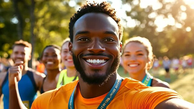 Joyful runners proudly display their medals after completing a 5km race.