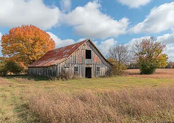Rustic Barn with Autumn Field, and Blue Sky.