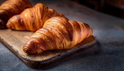 Freshly baked croissant with golden crispy layers, placed on a rustic wooden board.