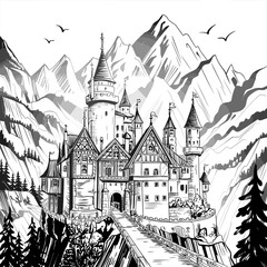 Fototapeta premium Fantasy Castle in Mountain Landscape Ink Illustration