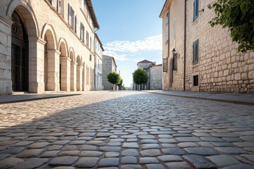 Fototapeta premium tranquil medieval city cobblestone street scene sunlight casting gentle shadows on ancient stone buildings