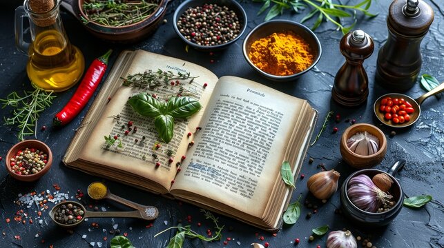 A beautifully arranged cookbook surrounded by an array of fresh ingredients and various spices on a rustic table