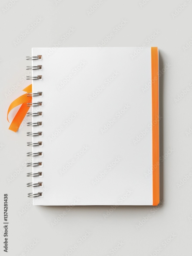 Poster photograph of a blank white notebook with an orange ribbon tied around the top. the notebook has a s
