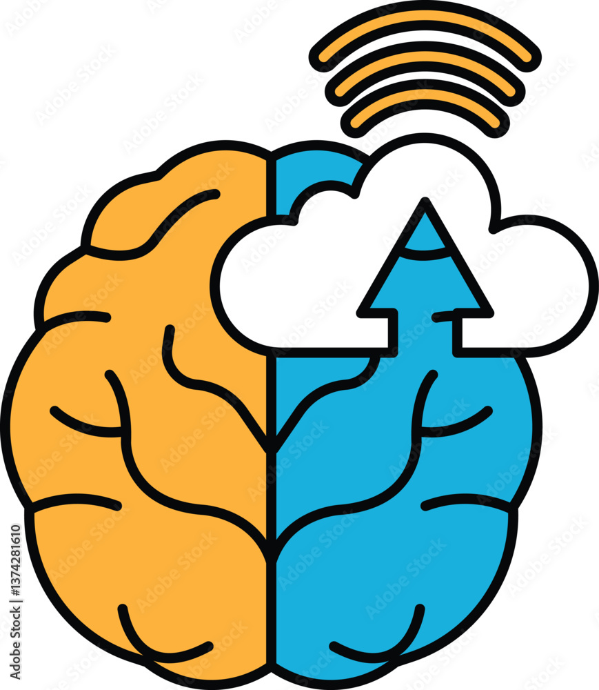 Poster a brain with a cloud above it and a line pointing upwards