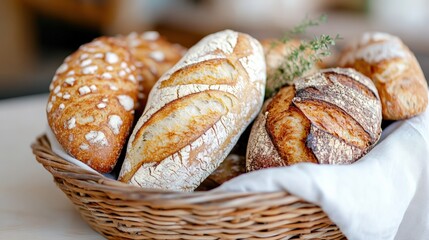 Fototapeta premium Assortment of different bread types in a wicker basket, artisanal bakery selection, rustic style, copy space