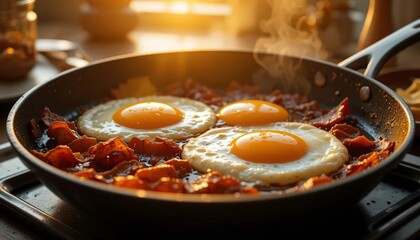  Sunrise Skillet A Simple Yet Captivating Image of Classic Breakfast Foods Cooking, Reflecting the First Light of Day.