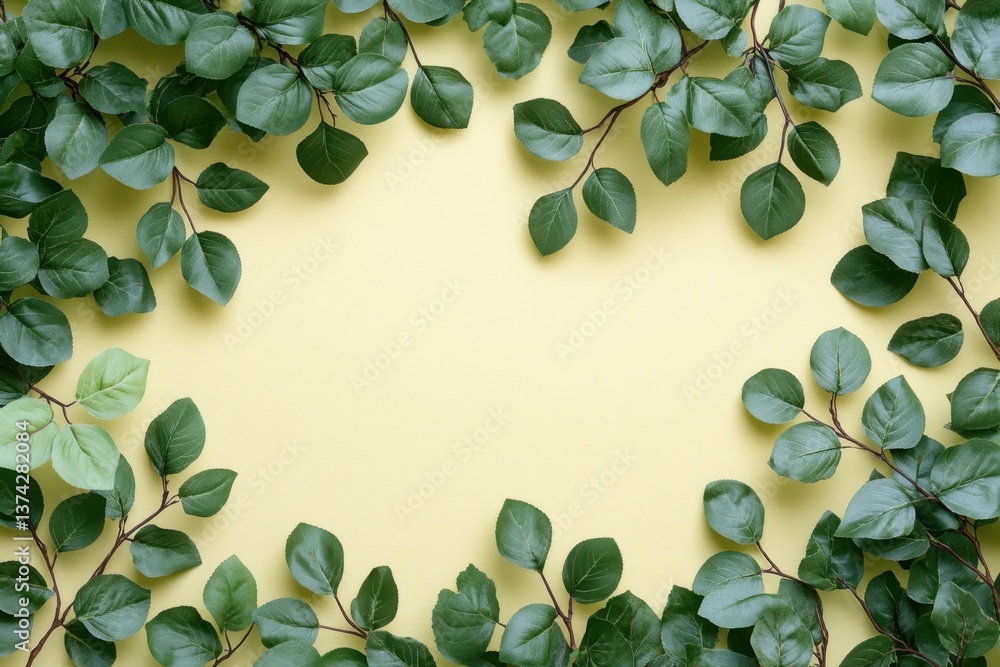 Poster lush green leaves frame a soft yellow backdrop creating a serene and inviting natural border perfect