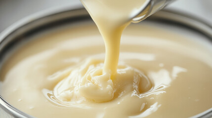 Creamy White Liquid Pouring from a Glass Jar into a Container
