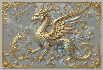  Rococo Style Golden Gryphon Elegant and Decorative Illustration with Flourishes and Swirls