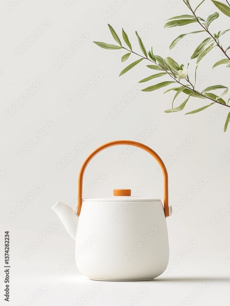 Poster white teapot with an orange handle and spout. the kettle is placed on a plain white background. on t