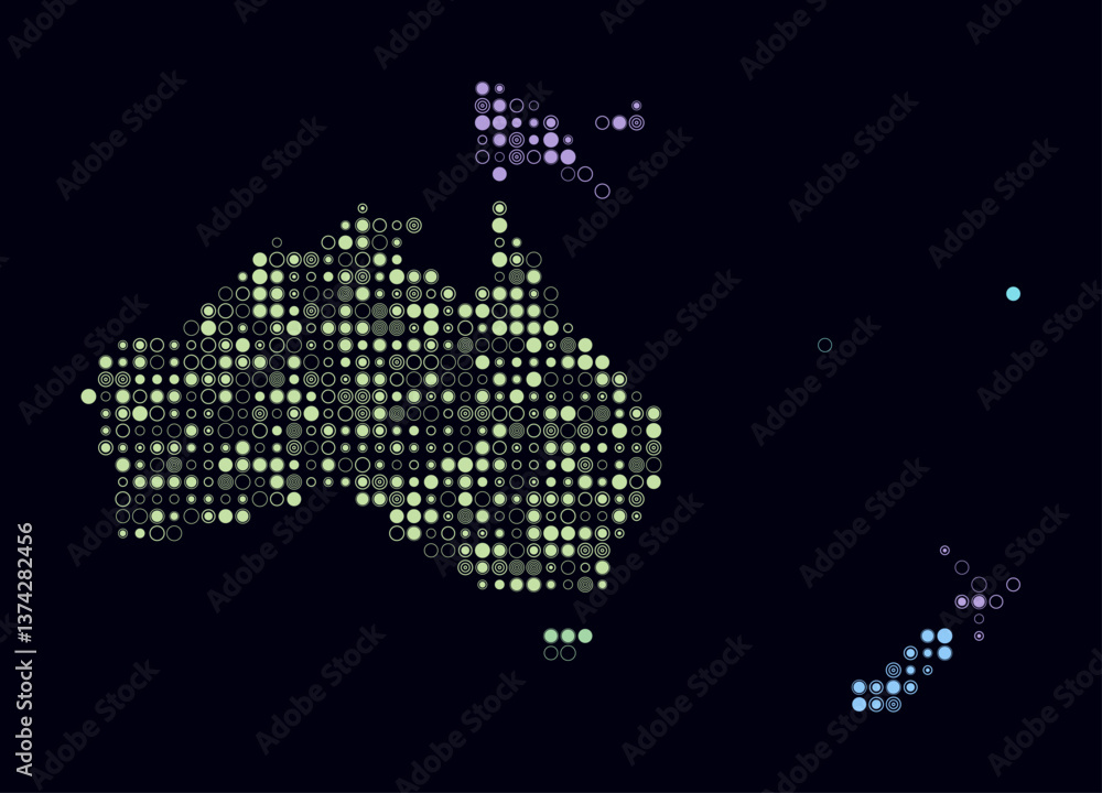 Poster oceania, shape of the continent build of colored cells. digital style map of the oceania on dark bac