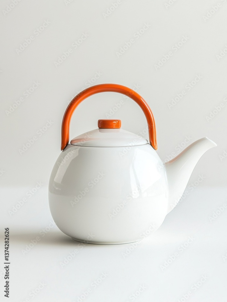 Poster the image is of a white teapot with an orange handle. the handle is curved and has a small knob on t