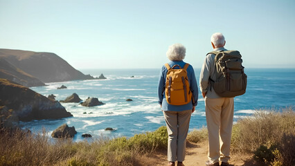 Senior couple hiking near ocean during sunny day with backpacks
