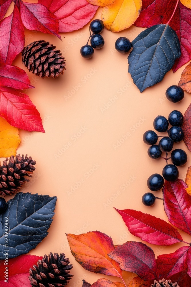 Poster autumnal still life with colorful leaves pine cones and berries arranged on a peach background creat
