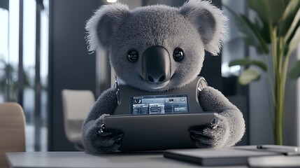 A robotic koala sitting in a modern office environment, interacting with a digital tablet that displays various images and data, showcasing a blend of technology and cute animal imagery
