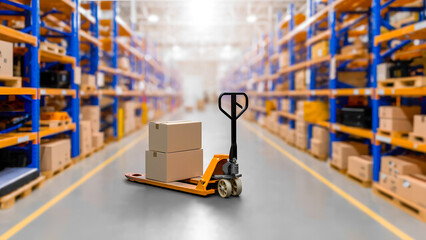 Warehouse interior with pallet jack and stacked cardboard boxes on shelves