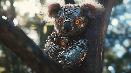 Obraz premium A robotic koala perched on a tree branch in a lush forest, showcasing intricate metallic textures and glowing orange eyes under sunlight filtering through leaves