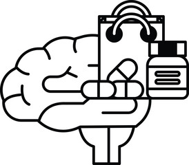 brain holding a bag of pills and a bottle of pills