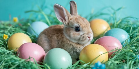 Adorable Baby Bunny Sitting Among Pastel-Colored Easter Eggs on a Vibrant Turquoise Background Perfect for Easter-Themed Designs Spring Celebrations Holiday Marketing and Cute Animal Stock Photography
