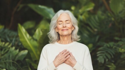 warmly smiling elderly woman stands in garden eyes closed and hands over her heart in gesture of gratitude enveloped