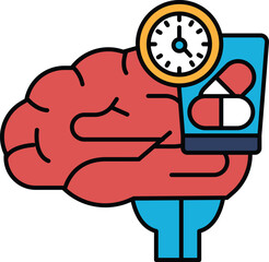 A cartoon of a brain holding a pill bottle and a clock