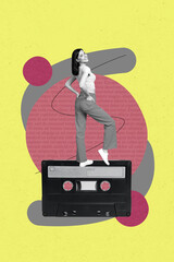 Image 3d zine vertical collage of happy girl dance retro cassette music occasion weekend 90s party...