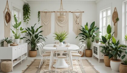  White Boho Bliss A Relaxed Dining Space with White Table Chairs, Macrame Art, Abundant Plants, and Natural Textures.