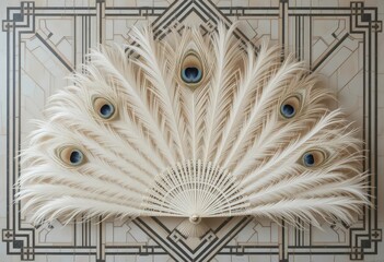 Obraz premium An Ivory Peacock Feather Fan Against a Geometric Art Deco Background, Embodying Vintage Bridal Glamour and Sophistication