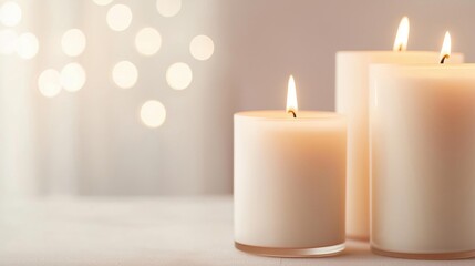 Three white candles on a white surface. the candles are arranged in a triangular formation, with the largest candle in the center and two smaller ones on either side.
