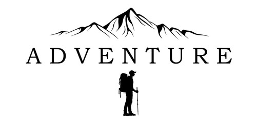 Logo with the theme of adventure and tourism. Silhouette of a traveler with a backpack on the background of a mountain landscape. Stylish minimalistic design with mountains. Suitable for travel brands © Andrew L