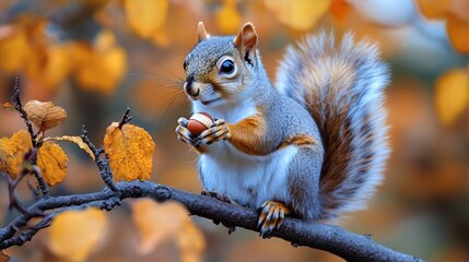 Fototapeta premium A close-up of a squirrel perched on a sturdy tree branch, holding an acorn in its paws, its fluffy tail curling behind it