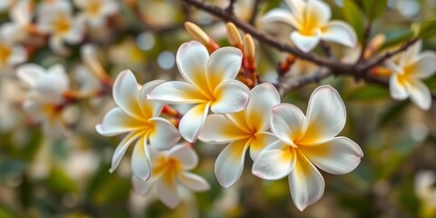 Close-up of vibrant white and yellow plumeria blossoms on a tree branch against a blurred background, plant, caribbean