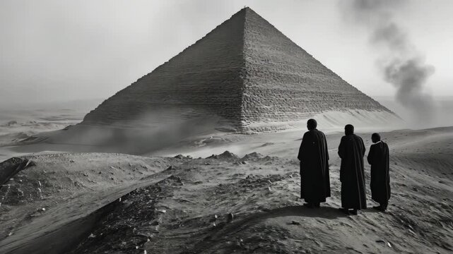 Black and white vintage video of three cloaked figures standing before an ancient pyramid in a vast desert with mysterious smoke