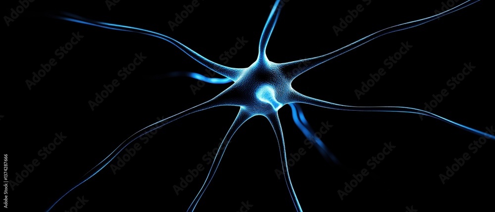 Poster close-up of a blue neuron. the neuron is in the center of the image and is surrounded by a black bac