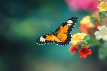 Fototapeta premium beautiful orange butterfly flying in park with flowers
