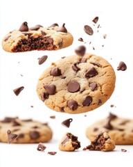 Delicious chocolate chip cookies floating in air on a bright white background studio shot food photography