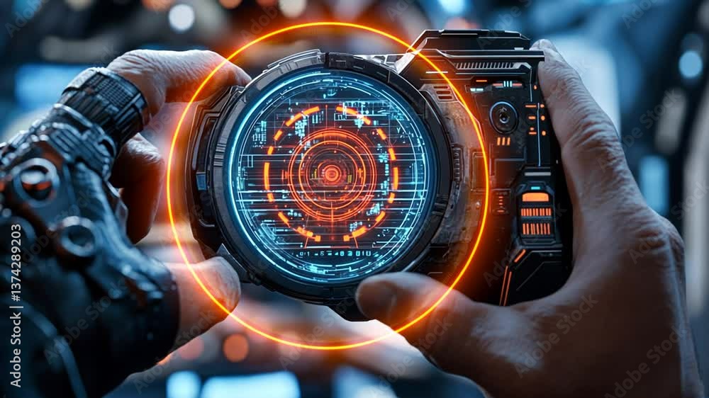 Poster advanced technology camera with futuristic display and features generative ai