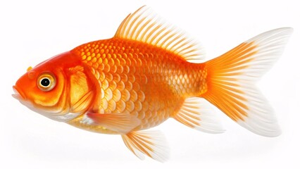 Obraz premium Bright orange goldfish with delicate white fins in motion. Fish on white background. Created with Ai