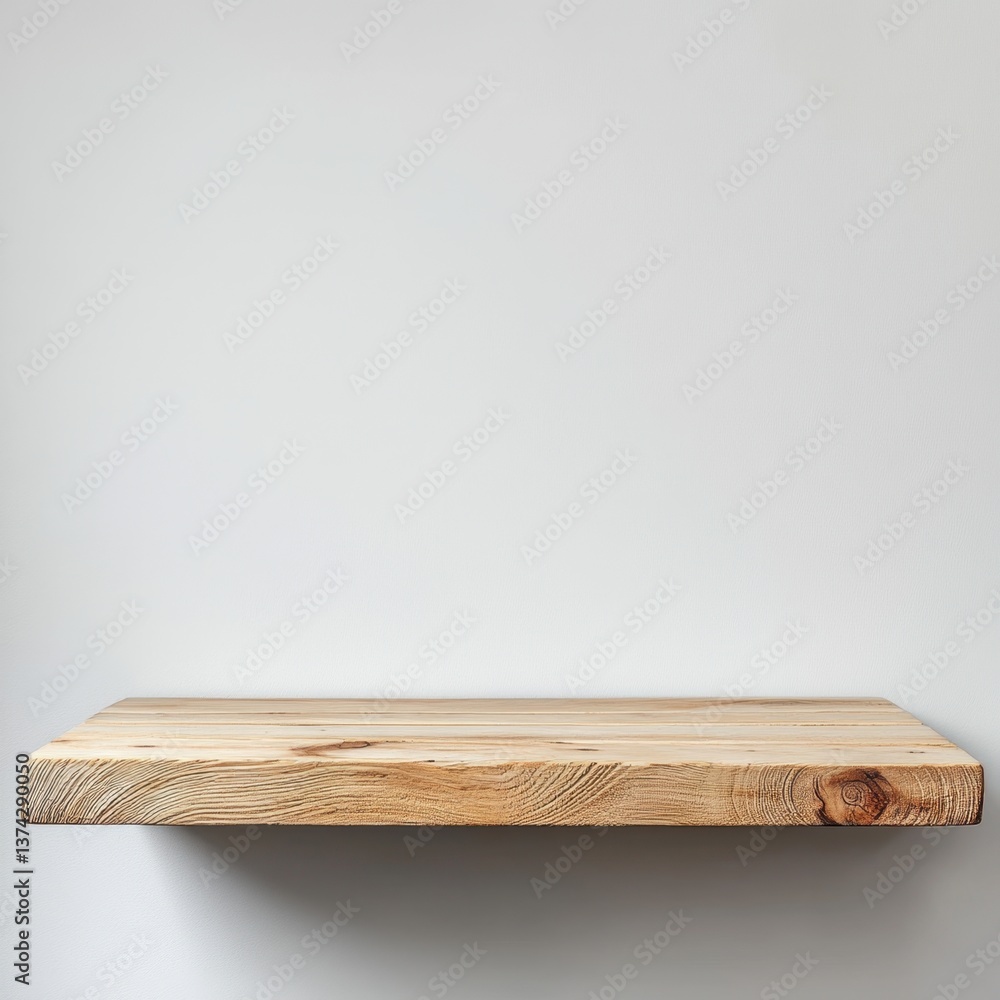 Poster rustic wooden shelf against a clean white wall perfect for product display and showcasing items in m