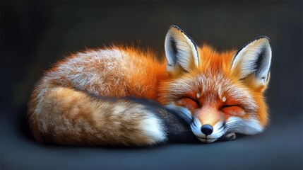 Obraz premium A red fox curled up with its bushy tail wrapped around itself.