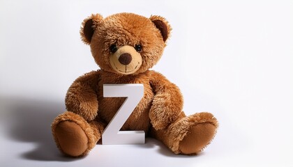 Obraz premium Cute brown teddy bear with letter Z. Baby name reveal after child birth. Stuffed animal isolated on white background