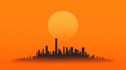 Obraz premium Orange Sunset Cityscape Silhouette