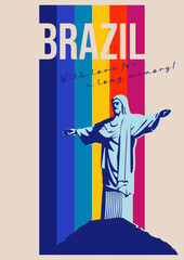 Obraz premium Brazil Attraction Postcard, 1980s Color Stripes Rio de Janeiro Jesus Statue, Vector Template Retro Style Greeting Card 